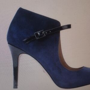 Ann Taylor 9 Blue Suede Peep Toe Patent Ankle Strap Stilettos Colette Heels Shoe